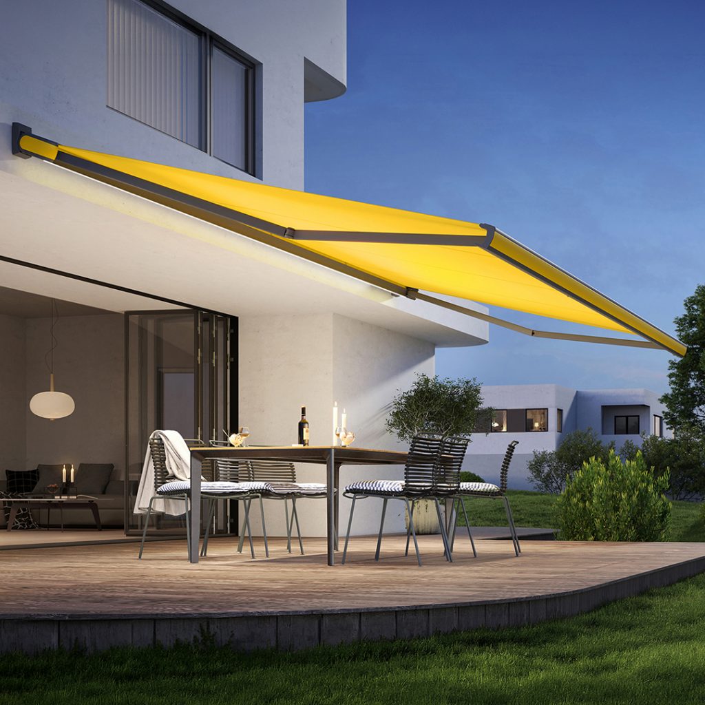 markilux MX-3 awning installed on a Mallorca terrace with integrated LED lighting